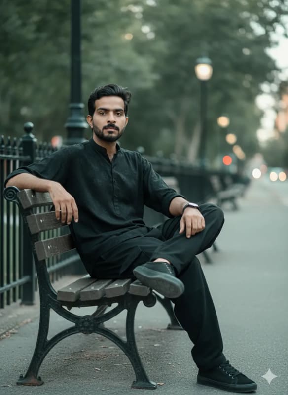 Stylish Urban Portrait: Man on Bench in City Street - view 1