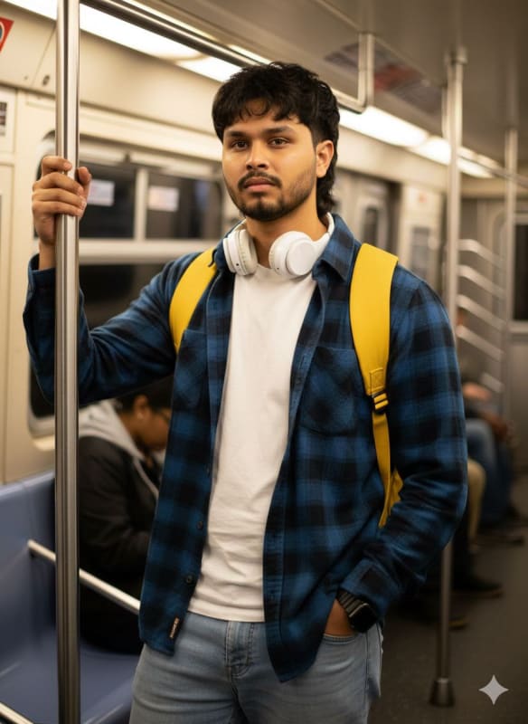 Trendy Man with Mullet in Subway Train: AI Art Prompt - view 1