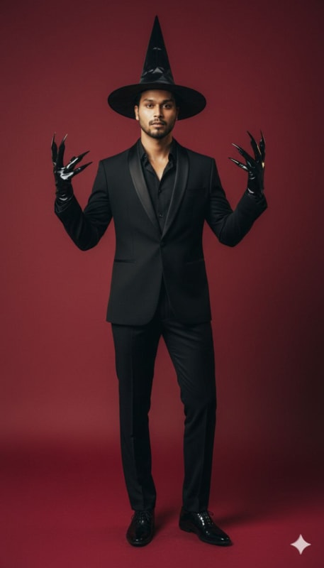 Eerie Elegance: Black Tuxedo and Witch Hat Editorial Portrait - view 1
