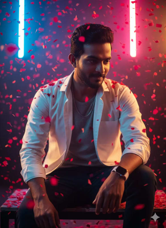 Confetti Rain Portrait: Cinematic 8K Young Man with Sunglasses - view 1