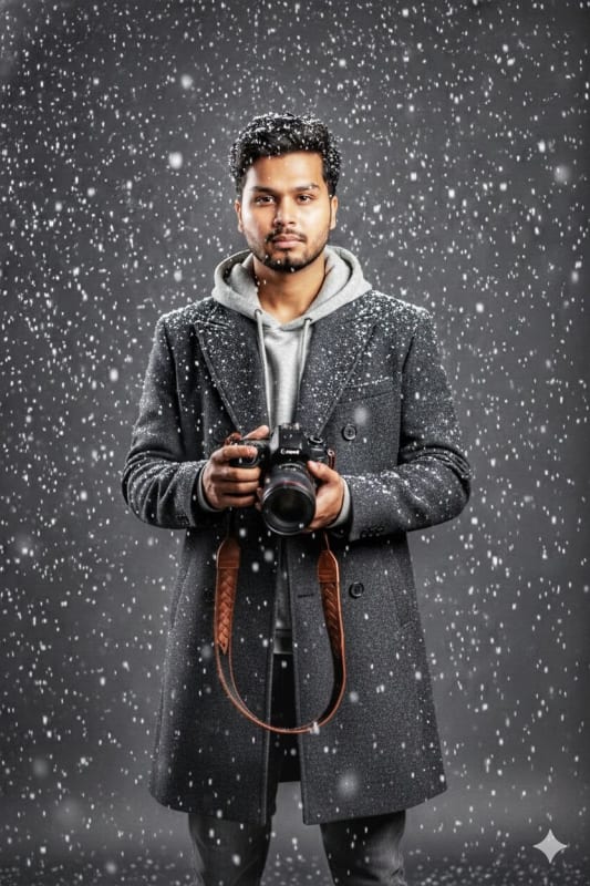 Winter Portrait Photography: Man in Overcoat with DSLR - view 1