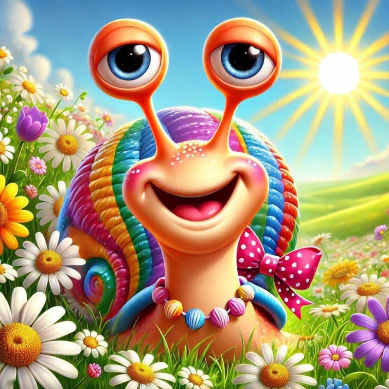 Cartoon Snail with Pink Cheeks in a Flower Meadow - view 1