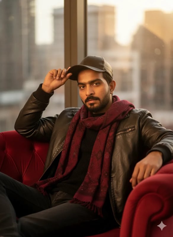Stylish Man Portrait on Red Couch with City View - view 1