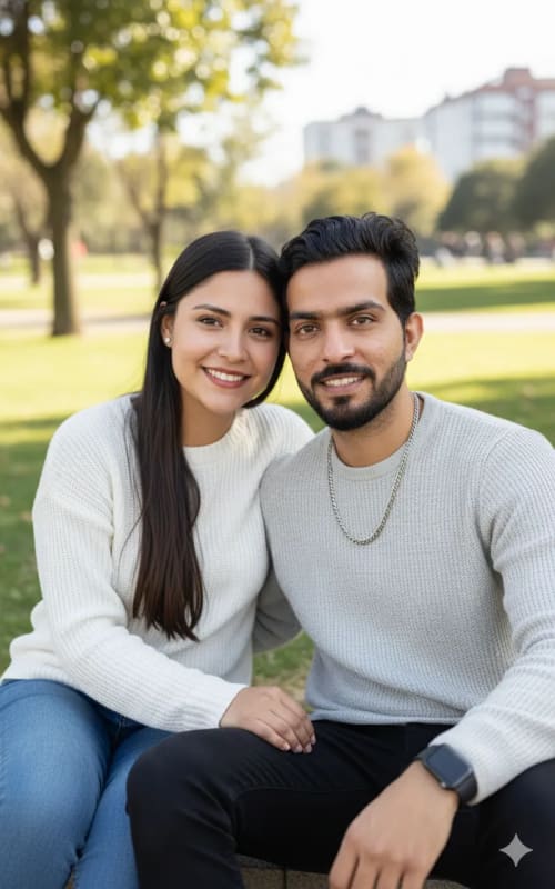Sunny Day Couple Portrait in Relaxed Park Setting - view 1