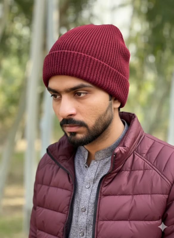 Stylish Winter Portrait: Red Beanie and Maroon Puffer Jacket - view 1