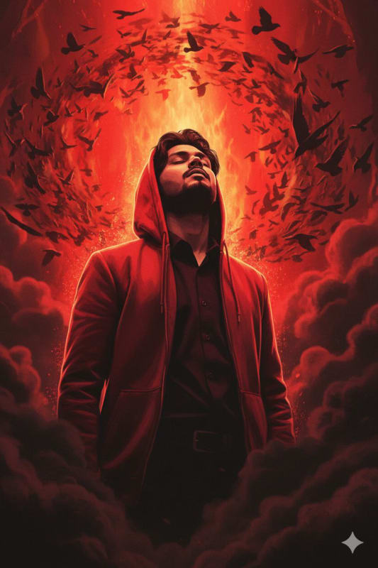 Dramatic Red Hooded Figure Amidst Bird Swarm Digital Art - view 1