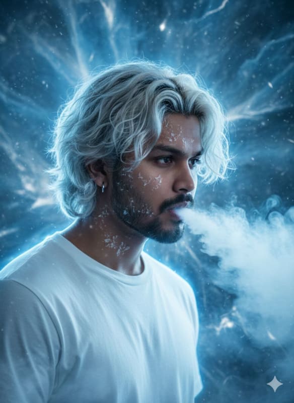 Icy Blonde Man Portrait with Smoke and Electric Blue Lighting thumbnail 2