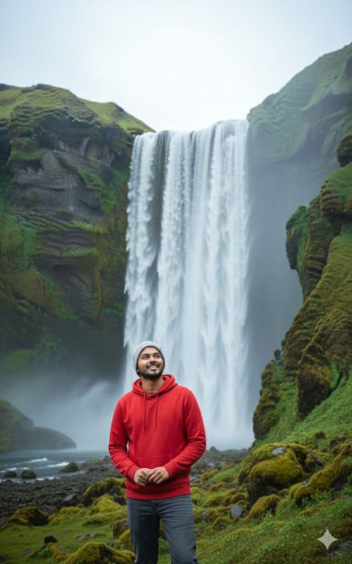 Man in Red Hoodie at Majestic Waterfall: High-Resolution Photography thumbnail 2