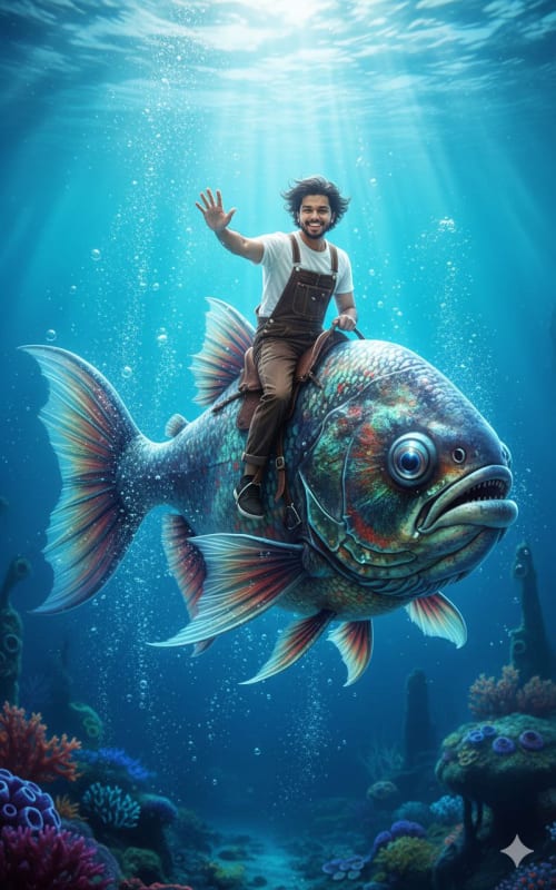 Man Riding Giant Goldfish Underwater - Realistic Fantasy thumbnail 2