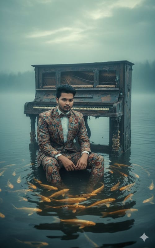 Melancholic Koi Pond Piano Dreamscape: Hyperrealistic AI Art Prompt - view 1
