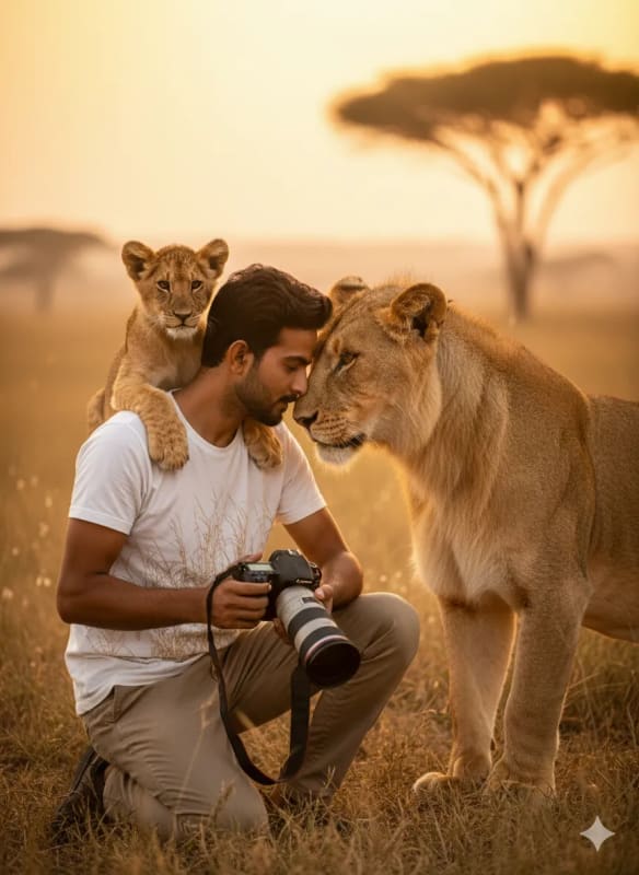 Wildlife Portrait with Lion Cub and DSLR on Savanna at Sunset thumbnail 2