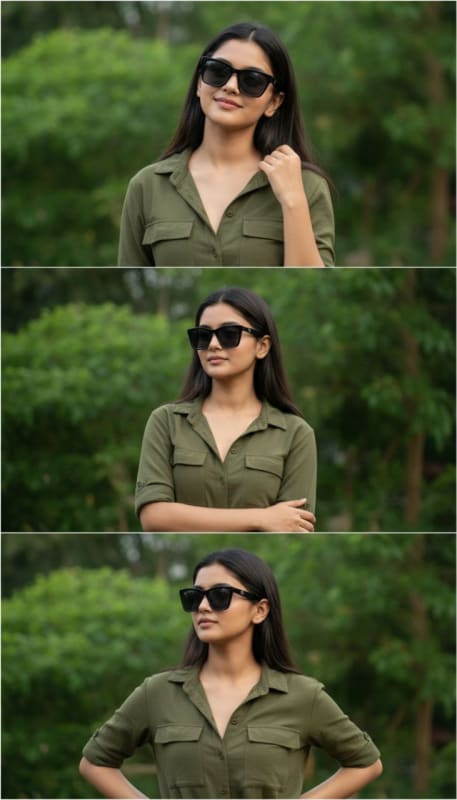 Photorealistic Outdoor Triptych: Olive Green Shirt Portrait thumbnail 3