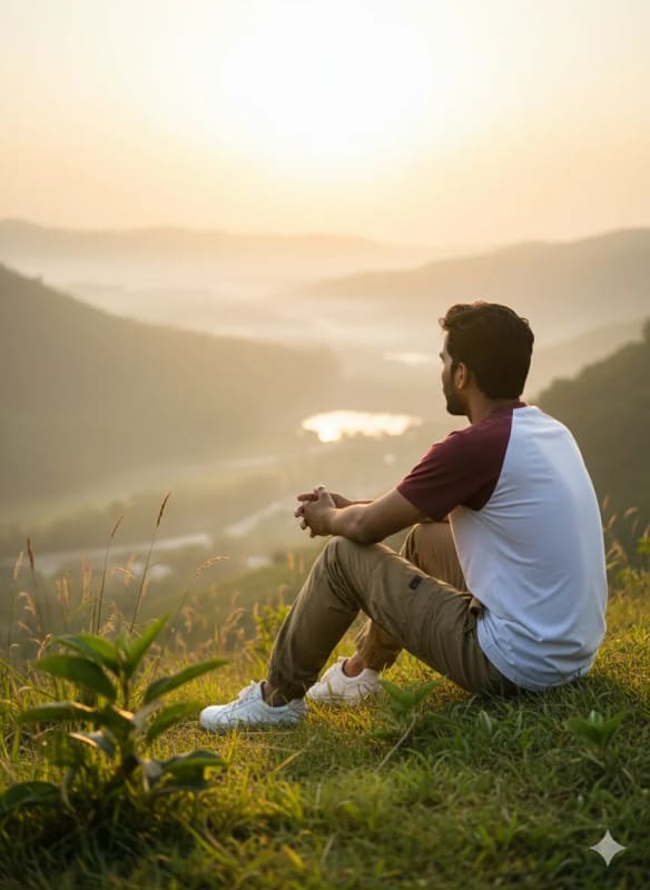 Scenic Portrait of a Man Overlooking Misty Valley at Sunset thumbnail 2