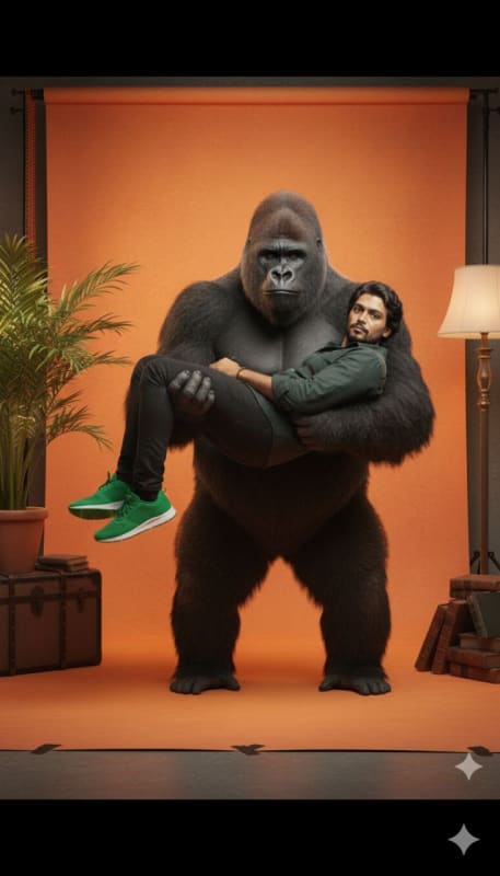 Man Carried by Gorilla in Orange Studio thumbnail 3
