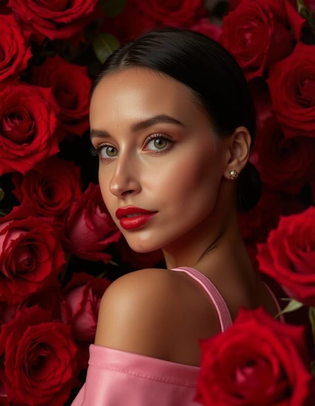 Glamorous Woman Portrait with Red Roses: AI Art Prompt thumbnail 2