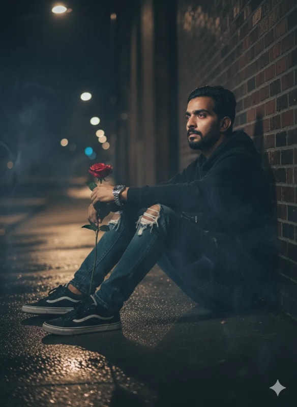 Sad Man with Black Rose in Urban Setting thumbnail 3