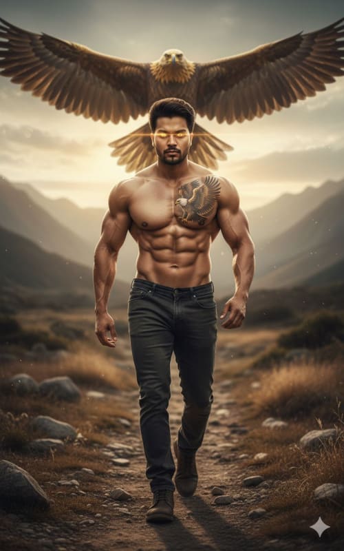 Muscular Man with Eagle Tattoo Cinematic Portrait - view 1