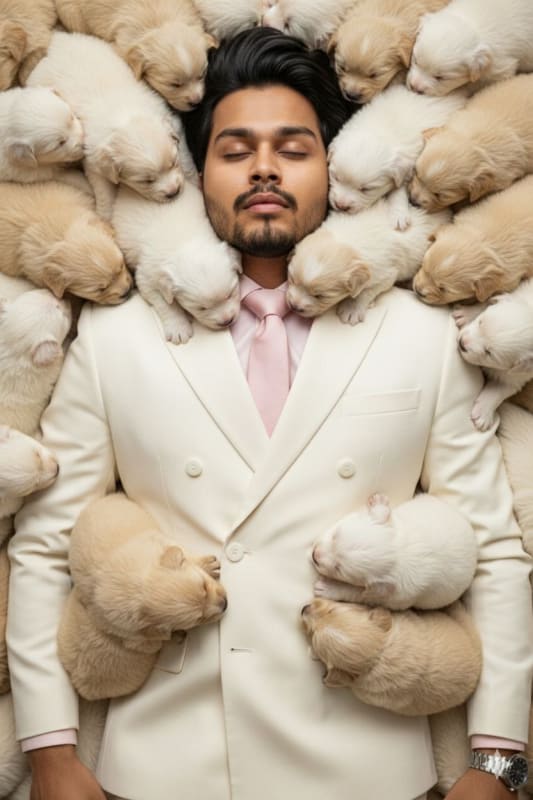 Dreamy Editorial Portrait with Puppies: A Study in Luxury and Innocence - view 1