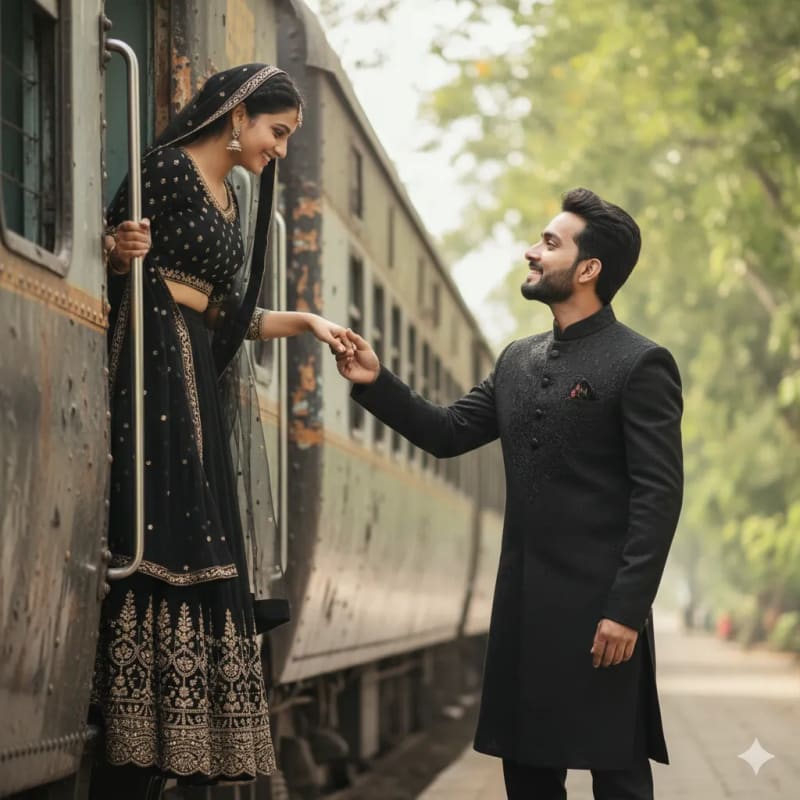 Romantic Moment: Couple in Traditional Black Outfits by Train - view 1