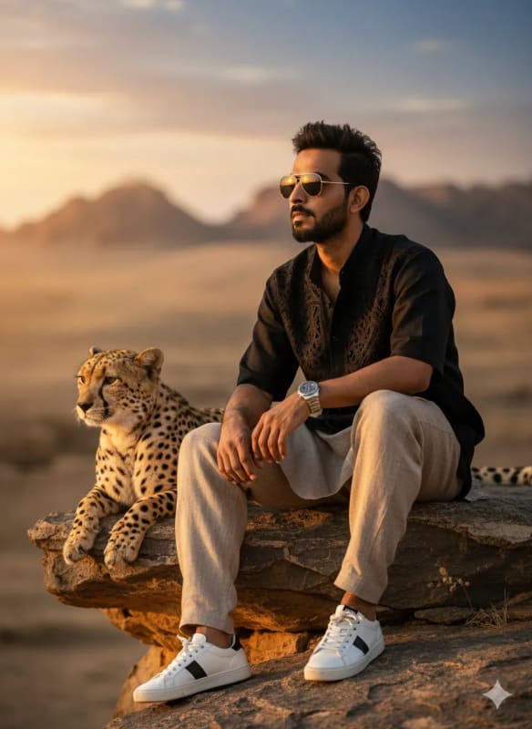Man and Cheetah on Rock Ledge Portrait - Cinematic 8K thumbnail 2