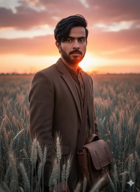 Sunset Portrait in Silverwheat Field: Moody Lighting and Leather Bag - view 1
