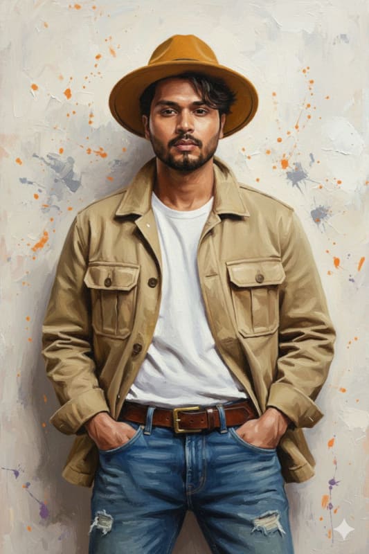 Mustard Fedora Fashion Portrait with Beige Utility Jacket - view 1