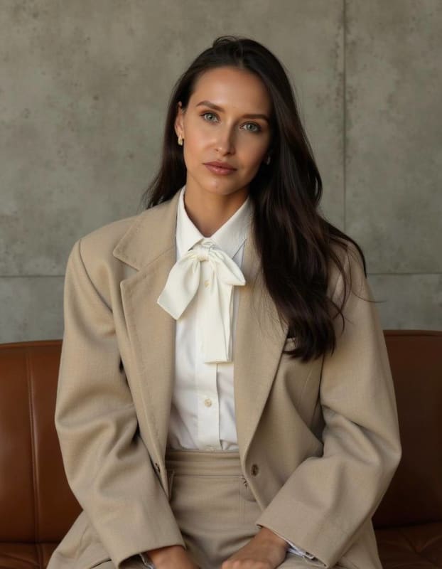 Editorial Portrait of Slavic Woman in Beige Suit thumbnail 2