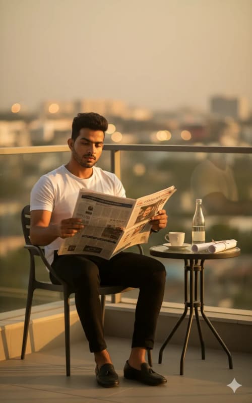 Elegant Man Reading on Balcony: Cinematic Portrait thumbnail 2