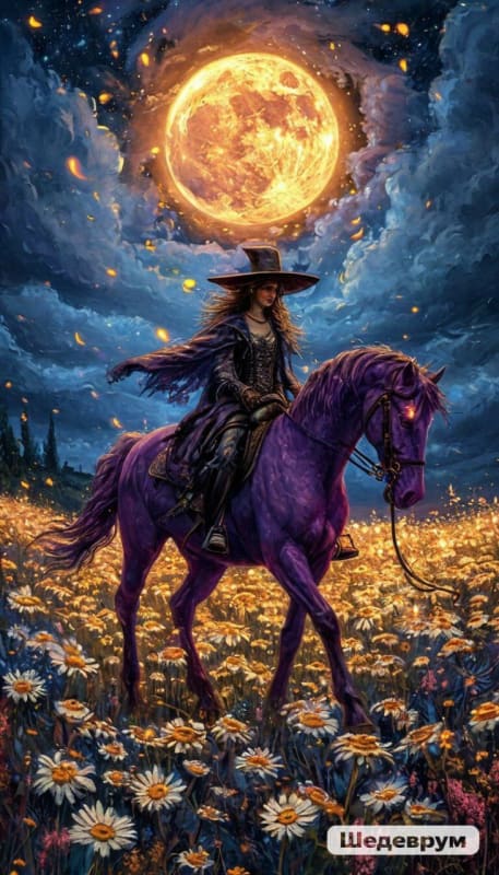Enchanting Witch Riding Luminous Horse: Surreal Fantasy Art - view 1