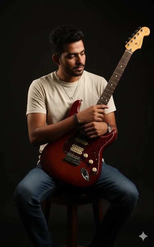 Introspective Guitarist Portrait in Dark Studio thumbnail 2