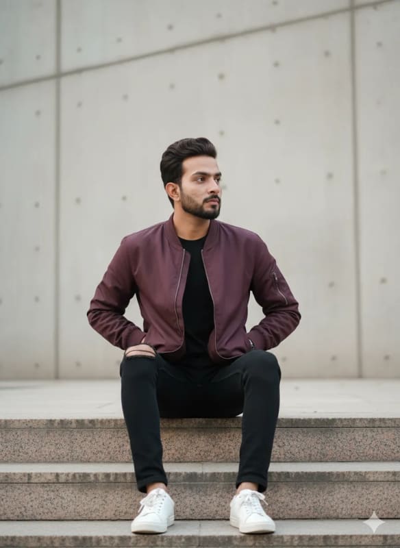 Urban Streetwear Fashion Photography: Plum Bomber Jacket thumbnail 2