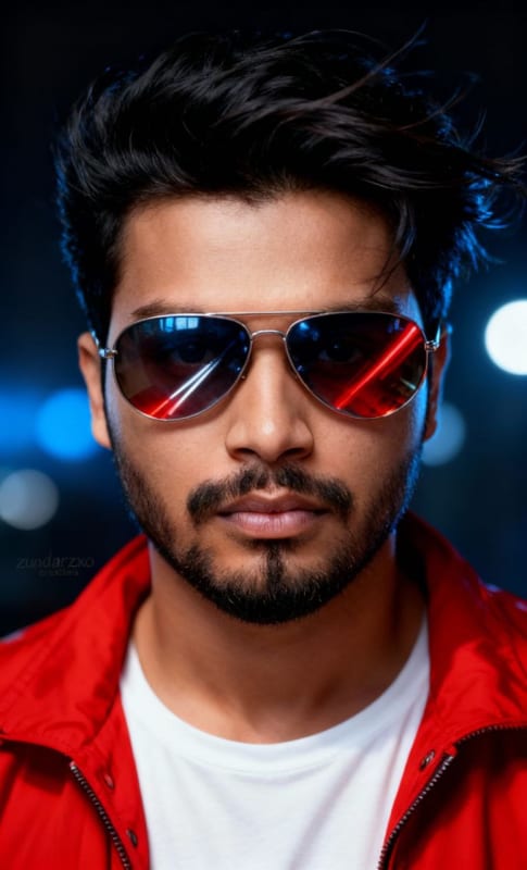 Futuristic Man Portrait with Red Jacket and Aviator Sunglasses thumbnail 5