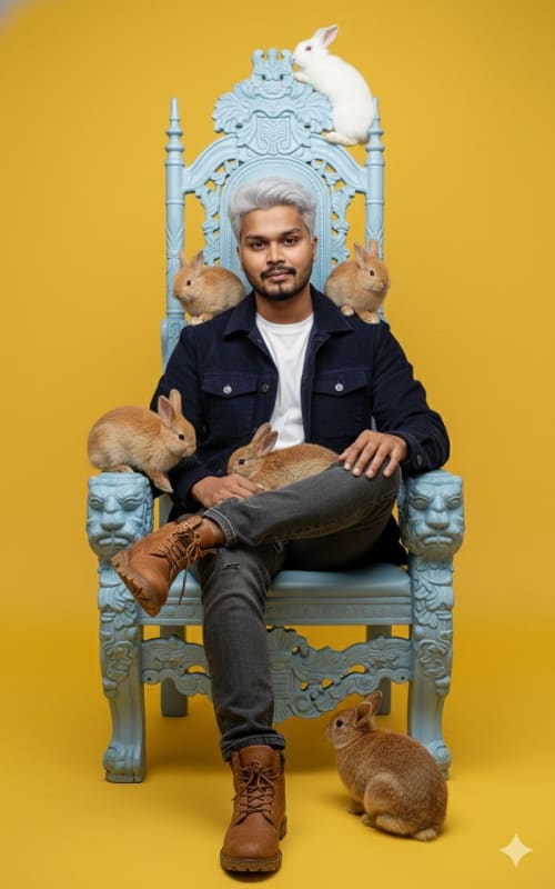 Platinum Hair Portrait on Throne with Rabbits: Photorealistic AI Prompt thumbnail 2