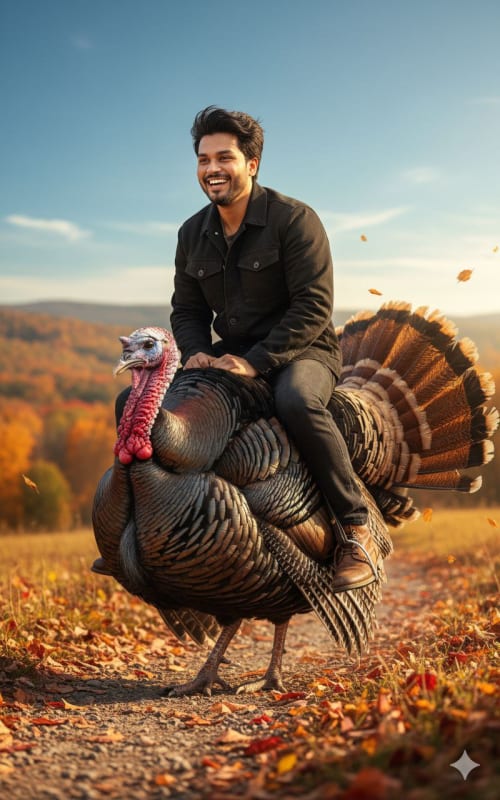 Whimsical Autumn Adventure: Man Riding a Turkey - view 1