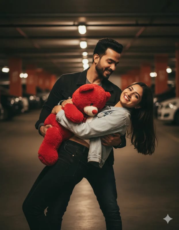Romantic Parking Garage Portrait with Teddy Bear - view 1