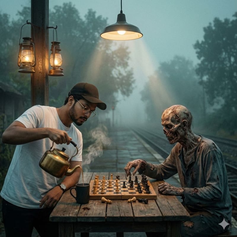 Man and Zombie Chess Game in Misty Forest: Photorealistic Scene thumbnail 2