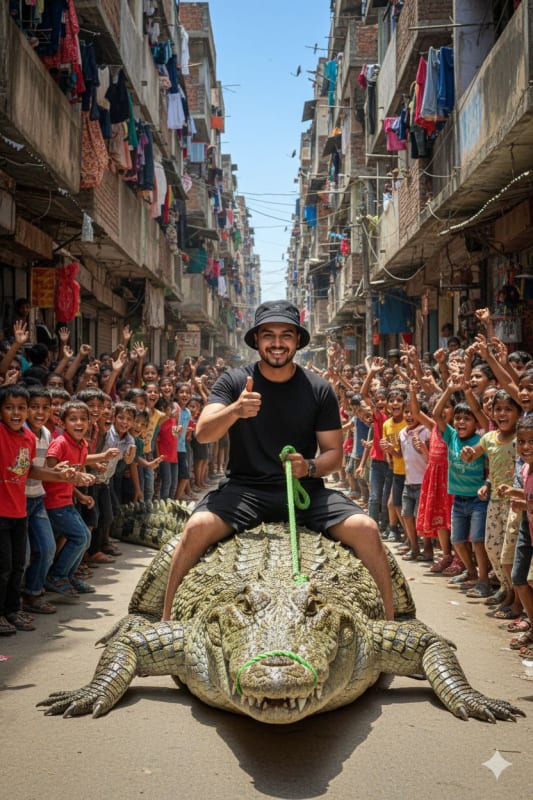 Man Rides Crocodile Through City Street: A Hyper-Realistic Photo - view 1