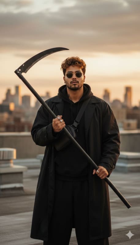 Photorealistic Scythe Wielder on City Rooftop at Golden Hour thumbnail 5