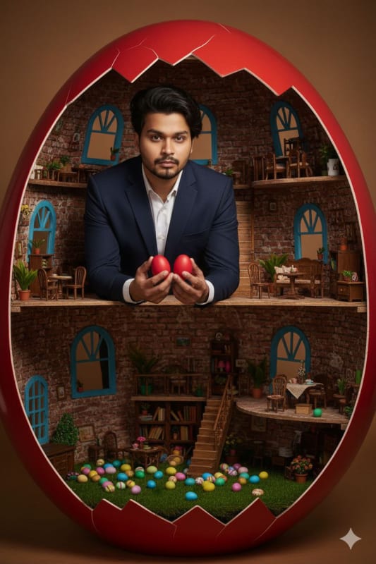Miniature Man in Egg Dollhouse: Photorealistic Portrait thumbnail 2