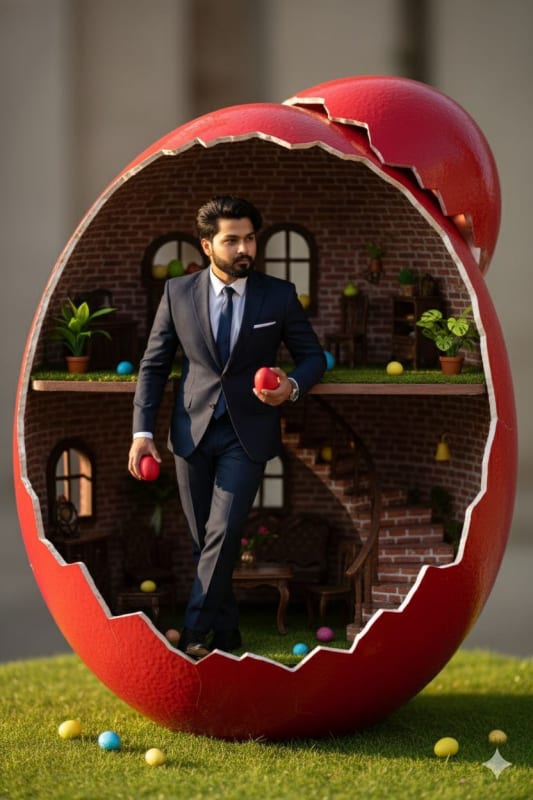 Miniature Man in Egg Dollhouse: Photorealistic Portrait thumbnail 3