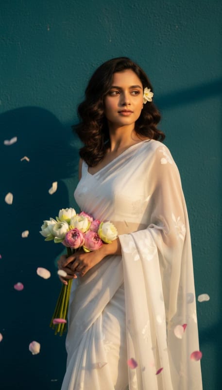 Retro 90s White Chiffon Saree Portrait - view 1