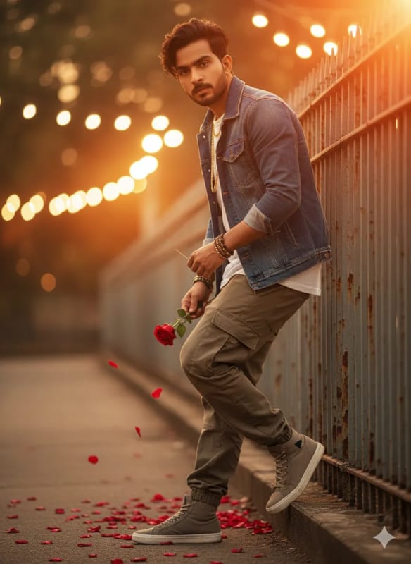 Stylish Man with Rose in Urban Setting: AI Art Prompt - view 1