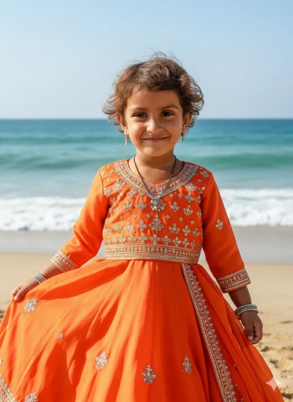 Cinematic Beach Portrait of a Child in Lehenga Choli thumbnail 4