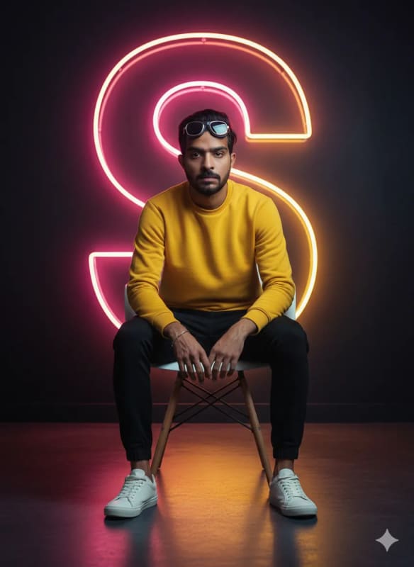 Confident Young Man in Yellow Sweatshirt with Neon 'S' Backdrop thumbnail 3