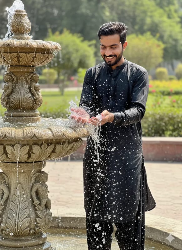 Man Playing with Water Fountain in Shalwar Kameez - view 1