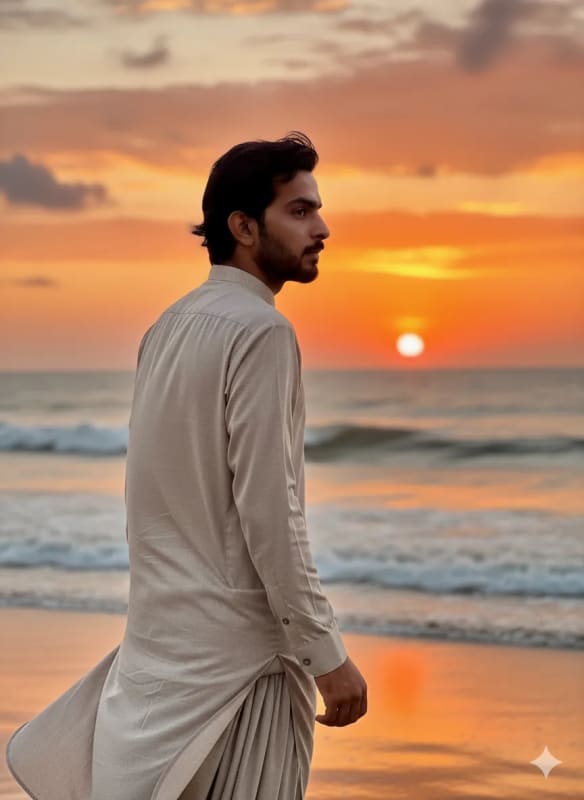 Serene Beach Portrait: Man in Shalwar Kameez at Sunset - view 1