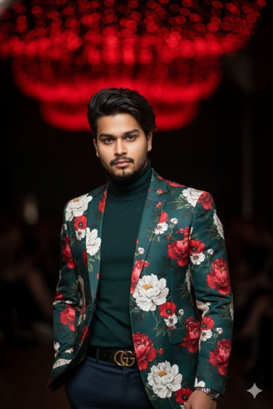 Teal Blazer with Floral Pattern: Fashion Portrait AI Prompt thumbnail 2