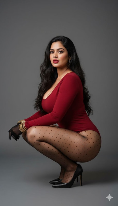 Glamour Portrait: Red Bodysuit & Polka-Dot Tights - view 1