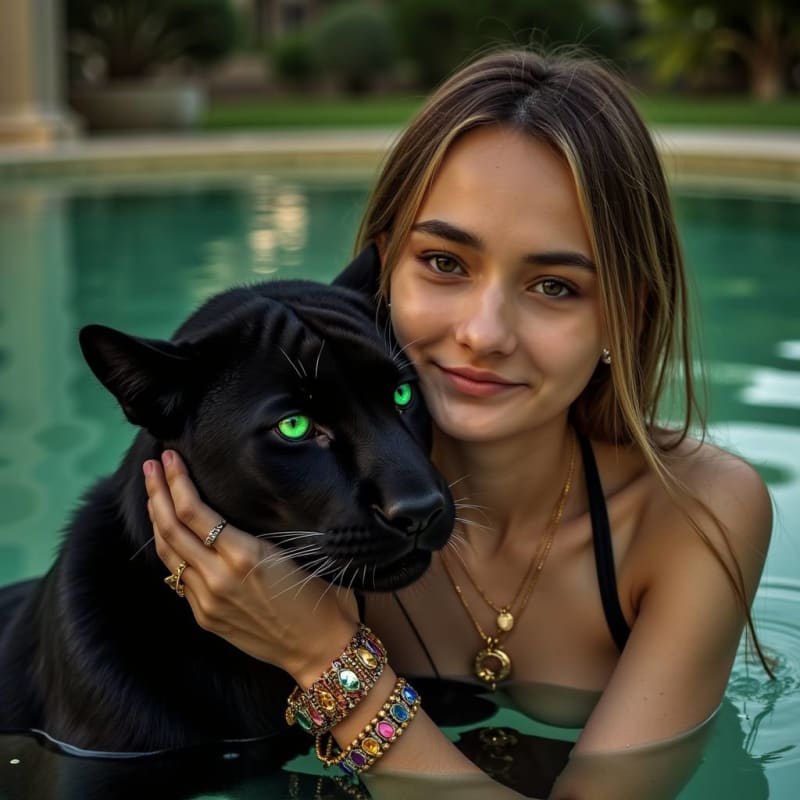 Elegant Woman with Panther in Lush Pool Portrait thumbnail 2