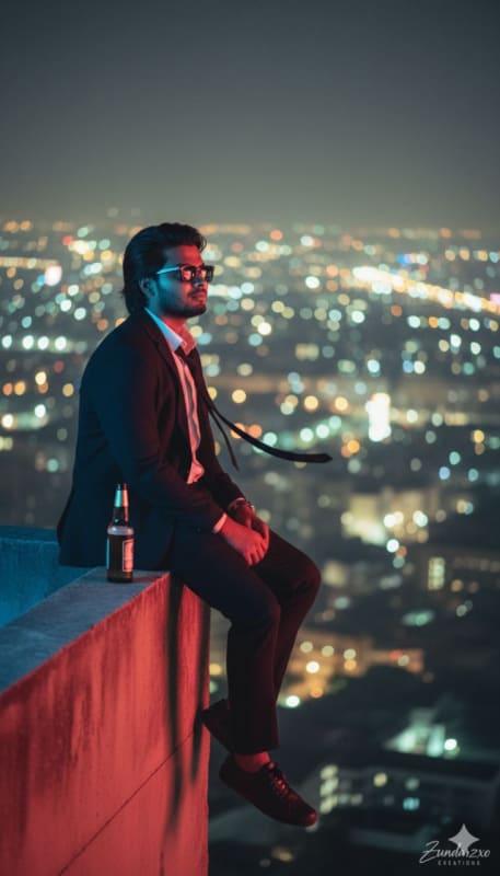 Cinematic Night Rooftop Portrait: Purple Suit - view 1